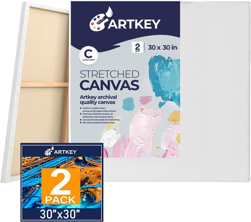 Artkey Stretched Canvases for Painting 30x30 Inch 2-Pack, 12.3 oz Triple Primed Acid-Free 100% Cotton Blank Canvas, Art Canvases for Oil Paint Acrylics Pouring & Wet Art Media, Pour Painting - Image 1